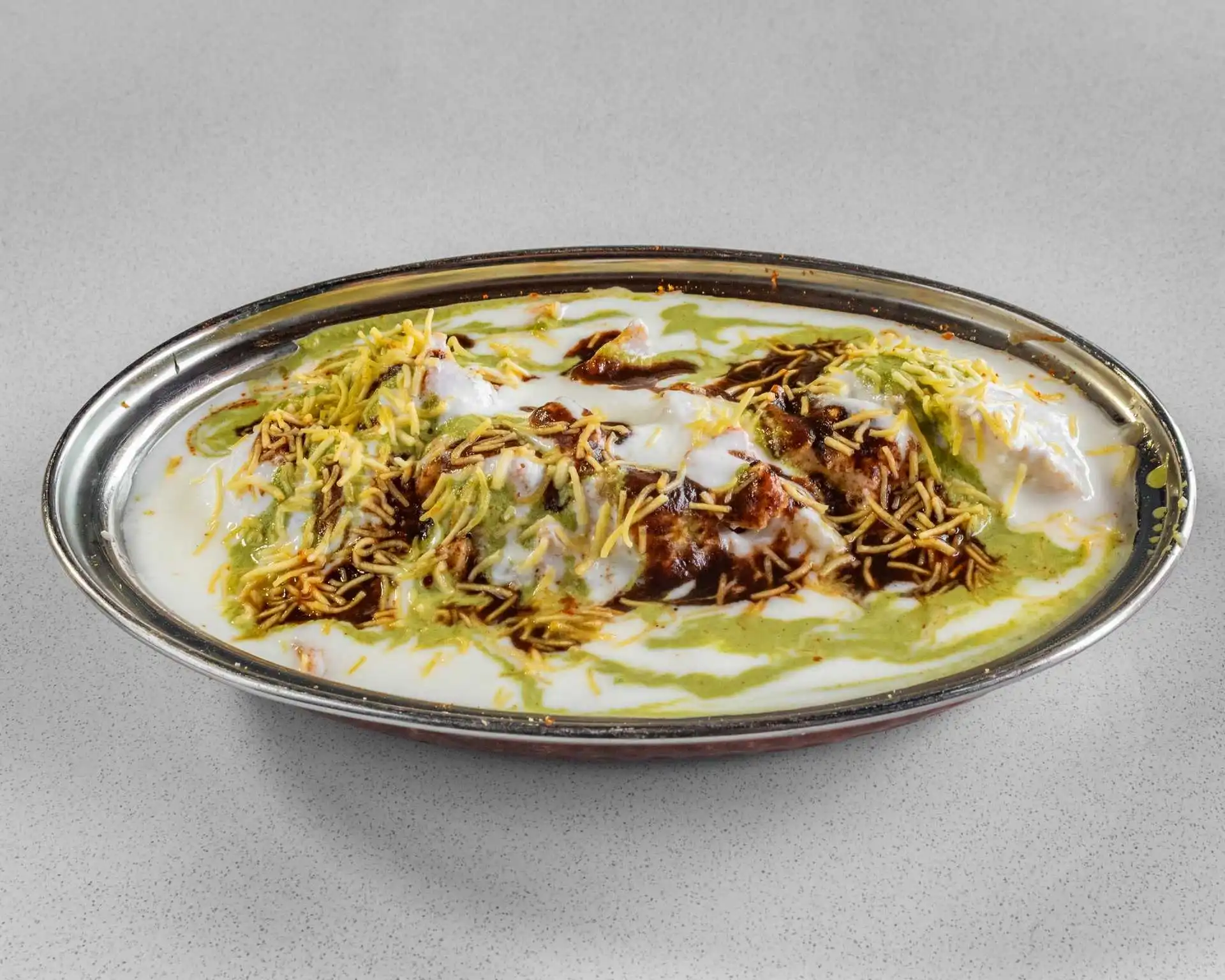 Yogurt chaat plate with tamarind and mint sauces at Samra Pizza in NW Calgary